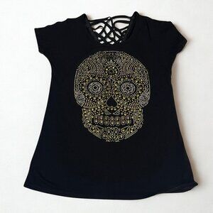 Women’s Black Shirt with Metallic Gold Beaded Skull